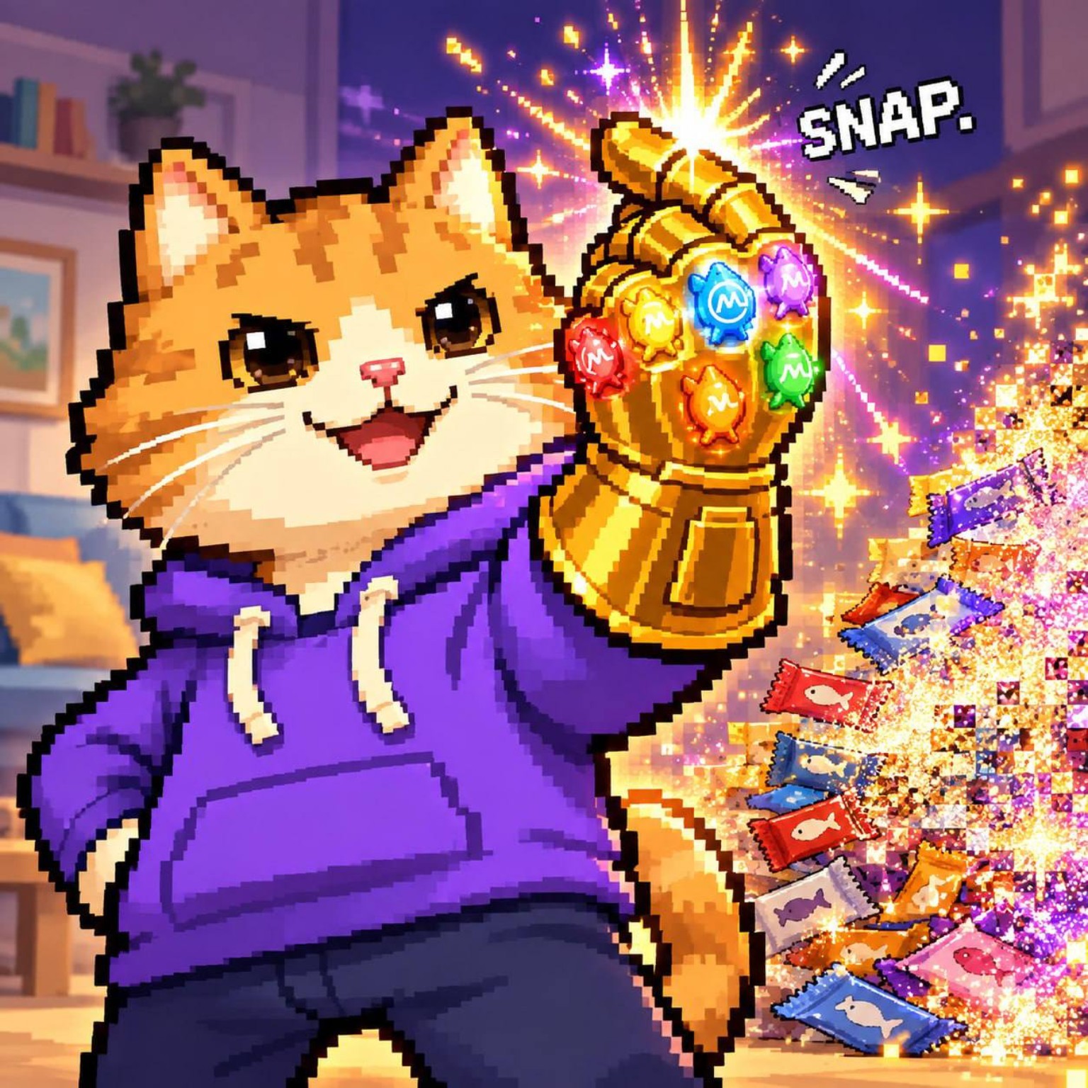 CoinMarketCat holding a glowing gauntlet