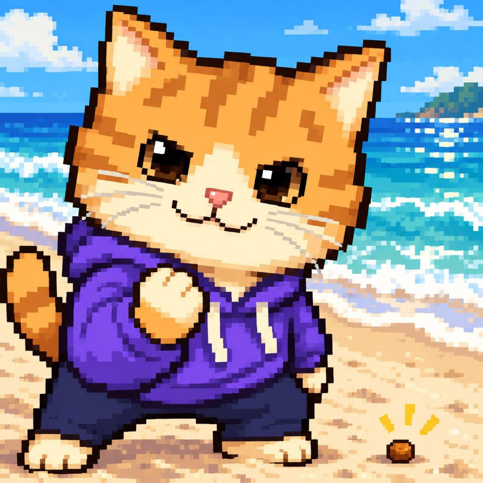Crowned CoinMarketCat in sunglasses and a purple hoodie